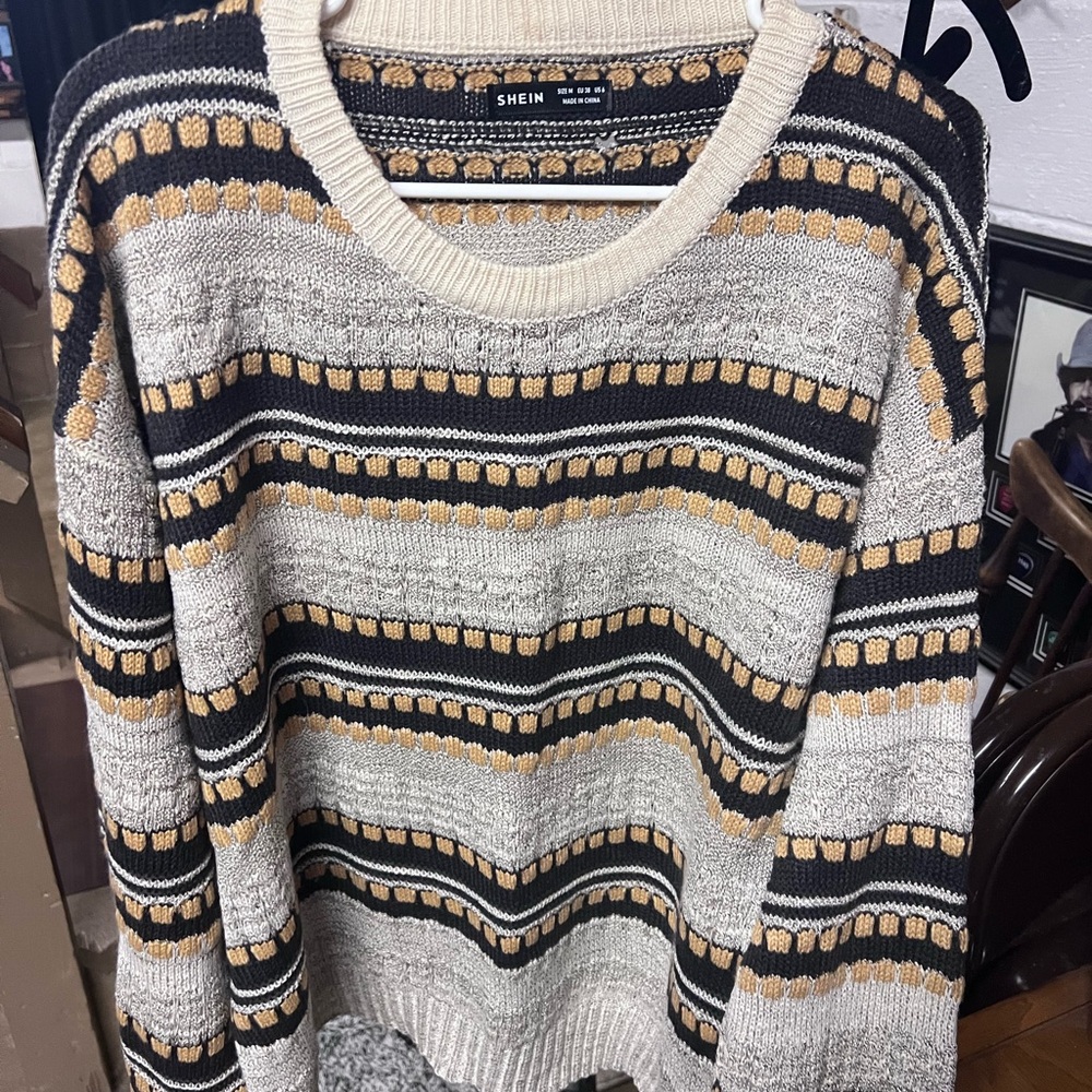 SHEIN Cream, Black & Mustard Striped Crewneck Sweater